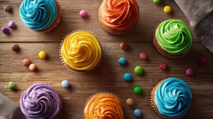 Flat lay with rainbow cupcakes colorful frosting swirls scattered candy and a wooden background playful and vibrant