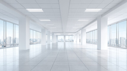 Modern empty office space with large windows and city view, bright and spacious interior with tiled floor and white ceiling