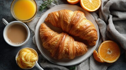 Flat lay of an elegant French breakfast croissants jam butter curls café au lait and fresh orange juice