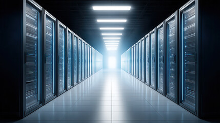 Modern data center corridor with rows of illuminated server racks on both sides, creating futuristic and high tech atmosphere