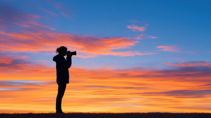 Fototapeta premium Silhouette photographer camera sunset sky clouds outdoor person nature landscape