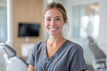 Fototapeta premium Smiling female dental hygienist wearing gray scrubs stands confidently in bright dental office with equipment and chairs visible