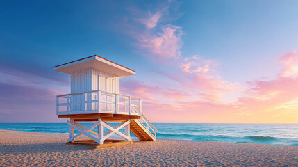 Single unoccupied lifeguard tower stands on empty sandy beach under colorful sky at sunset, creating peaceful and serene scene
