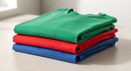 A neat stack of colorful basic t-shirts in green, red, and blue. Clean apparel for retail or laundry concepts.