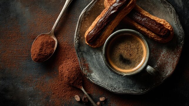 Dark moody flat lay of pastry chocolate eclairs cocoa powder dusting and a vintage espresso cup