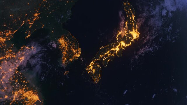 Japan and Korea, Night City Lights. Earth From Space Orbit. 4k, 29.97 fps.