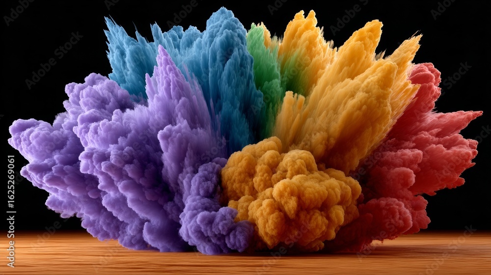 Poster colorful explosion of vibrant smoke and dust particles, creating an abstract artistic display agains