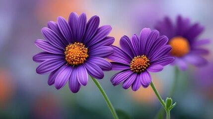 Obraz premium Vibrant Purple Flowers with Bright Orange Centers in Soft Focus Background