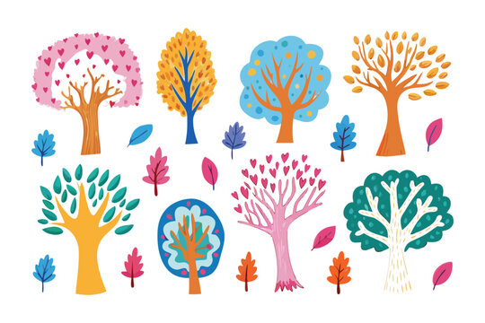 Colorful Trees Illustration: A vibrant illustration showcases a variety of stylized trees, each boasting unique characteristics and designs.