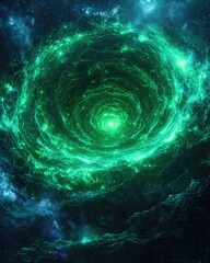 Abstract Glowing Green Spiral Galaxy In Space