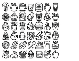 Vector Black Line Icons Representing Everyday Food and Drink Items in a Simple Clean Style for Use in Packaging, Stickers, Websites, and Social Media Graphics