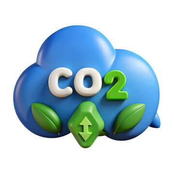 Blue cloud with co2 symbol and green leaves representing environmental protection and carbon reduction isolated on transparent background