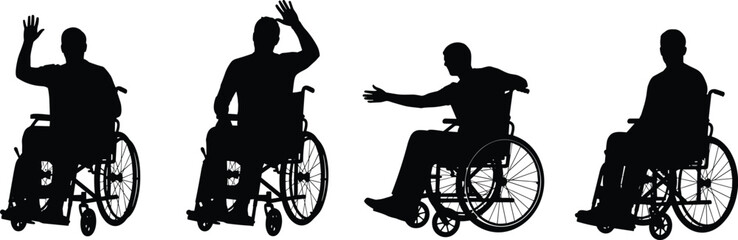 Wheelchair, Silhouette, People, Waving, Interaction, Inclusivity, Accessibility, Disability, Awareness, Community, Support, Vector, Illustration, Black, White, Healthcare, Mobility, Independence