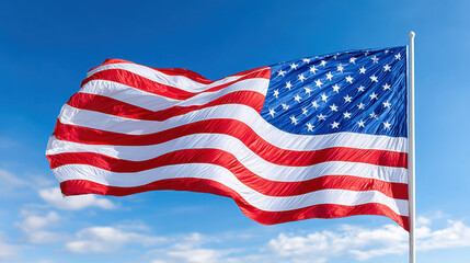 American flag waving gently in wind against clear blue sky, symbolizing patriotism and freedom with vibrant red, white, and blue colors
