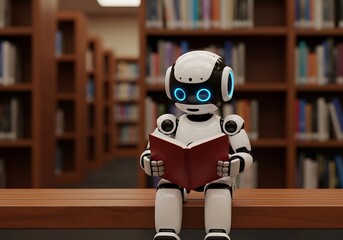 Fototapeta premium A cute robot is sitting on a wooden table and reading a book in a library with bookshelves