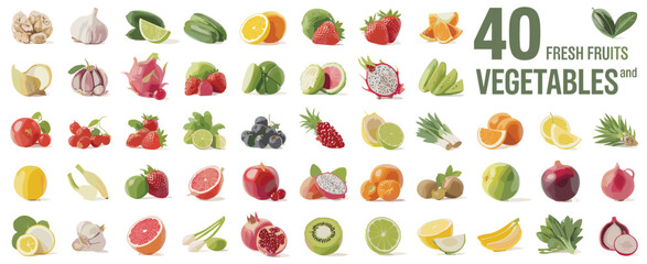 Collection of 40 Fresh Fruits and Vegetables Isolated on White Background food healthy eating