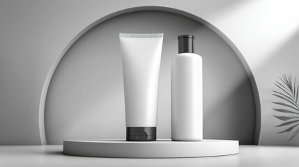 Elegant Cosmetic Bottles on a Podium with Arched Backdrop