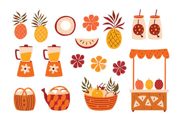 Tropical Fruit Collection: A vibrant collection of tropical fruit illustrations, featuring a variety of fresh fruit and juice, evokes the essence of summer, tropical flavors, and healthy living.