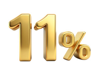 Bold golden numbers 11 percent symbol with metallic sheen isolated on a transparent background eleven