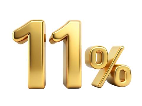 Bold golden numbers 11 percent symbol with metallic sheen isolated on a transparent background eleven
