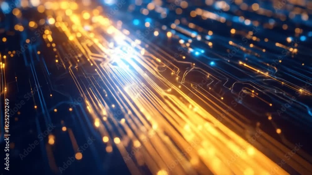 Poster abstract circuit board with flowing lines in blue and gold tones technology background with high spe