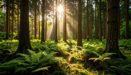 Obraz premium Sunburst Through Fern-Covered Forest Floor, Creating a Mystical and Enchanting Woodland Scene