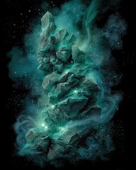 Glowing Teal Rocks In Dark Space