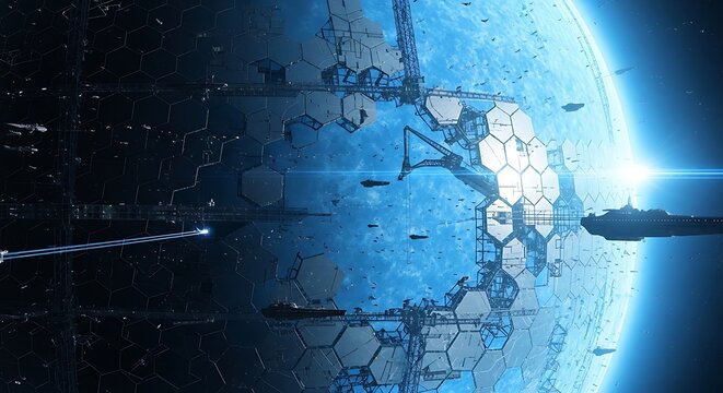 Futuristic Space Station Orbiting a Blue Planet