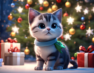 A small, gray-and-white striped kitten with large, expressive eyes sits in front of a decorated Christmas tree.