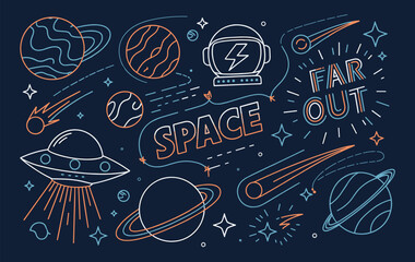 Neon Style Space Themed Illustration with Planets Astronaut Helmet and U F O galaxy stars