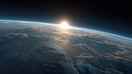 Earth's sunrise from space. A breathtaking view of the planet's clouds, landmasses, and oceans as the sun rises on the horizon