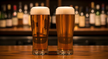 Two Glasses of Refreshing Golden Beer on Bar Counter Perfect for Thirsty Moments