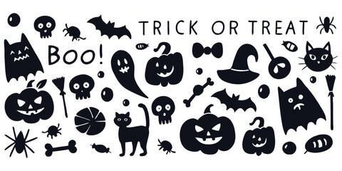 Naklejka premium Hand-drawn doodle Halloween icon vector set with Halloween elements like pumpkins, ghosts, bats, witches’ hats, broomsticks, candy, cats, spiders, and skulls.