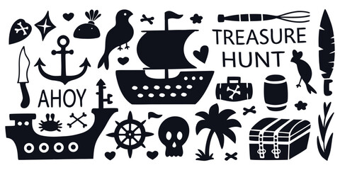 Hand-drawn doodle pirate icon vector set with pirate elements like  ships, treasure chests, maps, swords, skulls, parrots, and waves.
