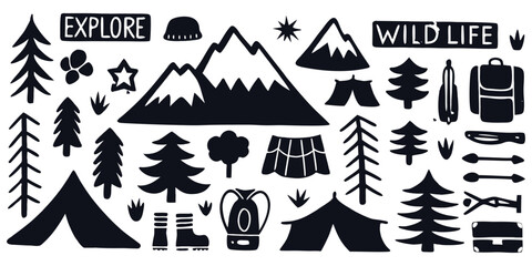 Hand-drawn doodle mountain and hiking icon vector set with mountain and hiking elements like backpacks, tents, pine trees, campfires, boots, rivers, maps, stars, and a compass.