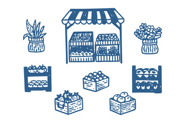 Farm Stand Fresh: An illustration of a charming farm stand brimming with an array of fresh produce, flowers, and plants, rendered in a rustic, hand-drawn style. evoking the essence of local markets.
