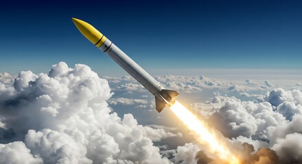 Fototapeta premium Missile launch flying through clouds against a blue sky