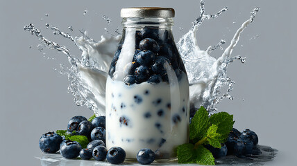 Realistic Blueberry Kefir Bottle with Splashing Yogurt Effect Surrounded by Fresh Blueberries and Mint on White Background