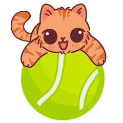 Cute Tabby Cat Playing with a Giant Tennis Ball Cartoon Sticker Illustration