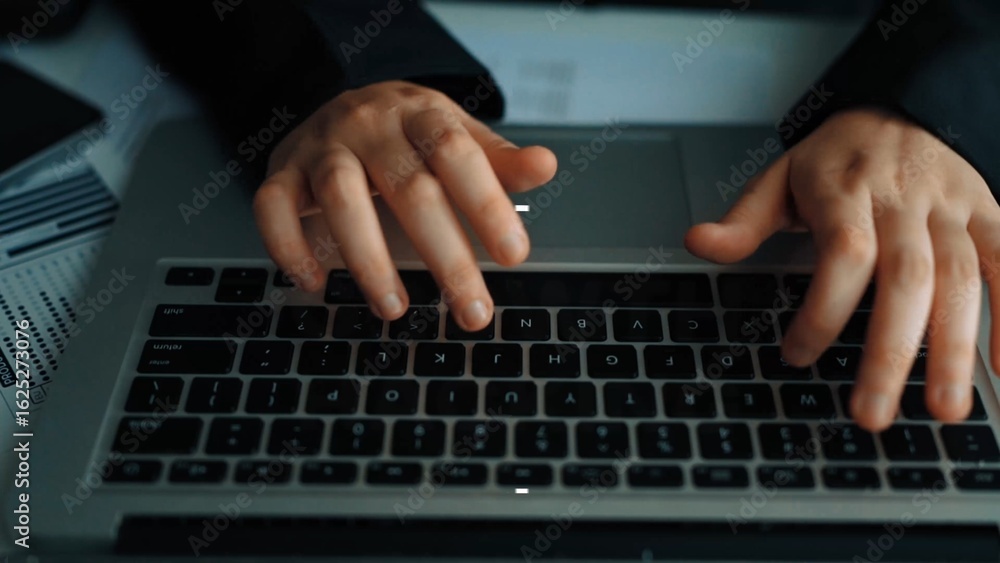 Poster close-up of hands typing on laptop keyboard in office setting with office supplies in background. as