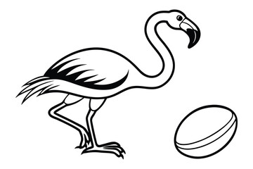 Stylized flamingo standing next to a rugby ball