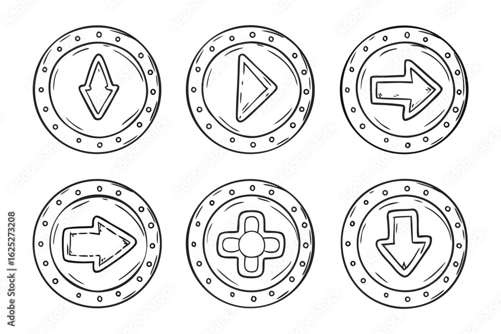 Poster digital interface icons: a hand-drawn collection of circular interface icons featuring arrows, play 