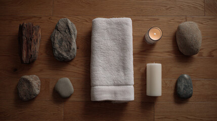 Spa & Wellness: Towel, Candle, and Natural Stones on Wood