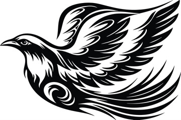 Bold patterned monochrome bird with outstretched wing gracefully glides against the light backdrop