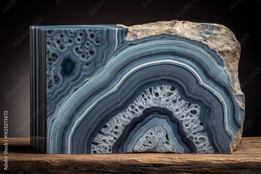 Poster on a wooden surface, a one-of-a-kind block of patterned stone highlights an array of contrasting col