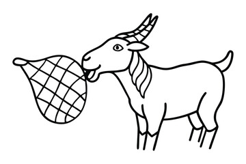 Stylized illustration of a goat holding a net in its mouth