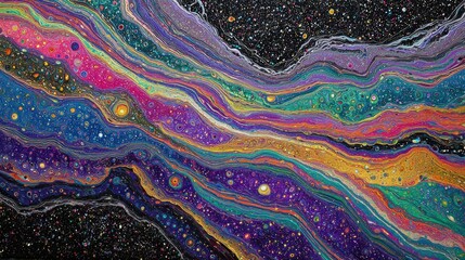 Abstract Colorful Liquid Paint Texture With Pixel Art Galaxy Design