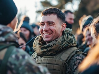 Obraz premium Photo of a soldier in uniform, being greeted by a crowd of friends and family at a military base