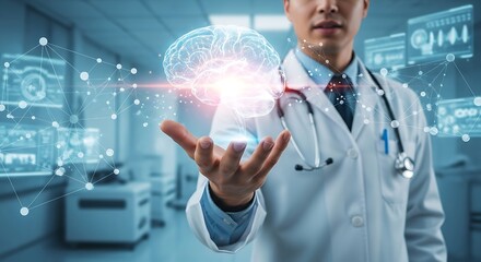 Doctor using digital brain technology for medical diagnosis and treatment