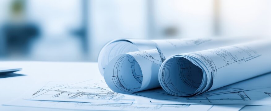 The rolled blueprints showcasing intricate designs for architectural projects.
